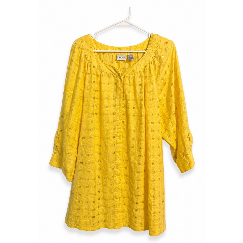 Chico's Size 3 XL Yellow Linen Blend Metallic Windowpane Tunic Top